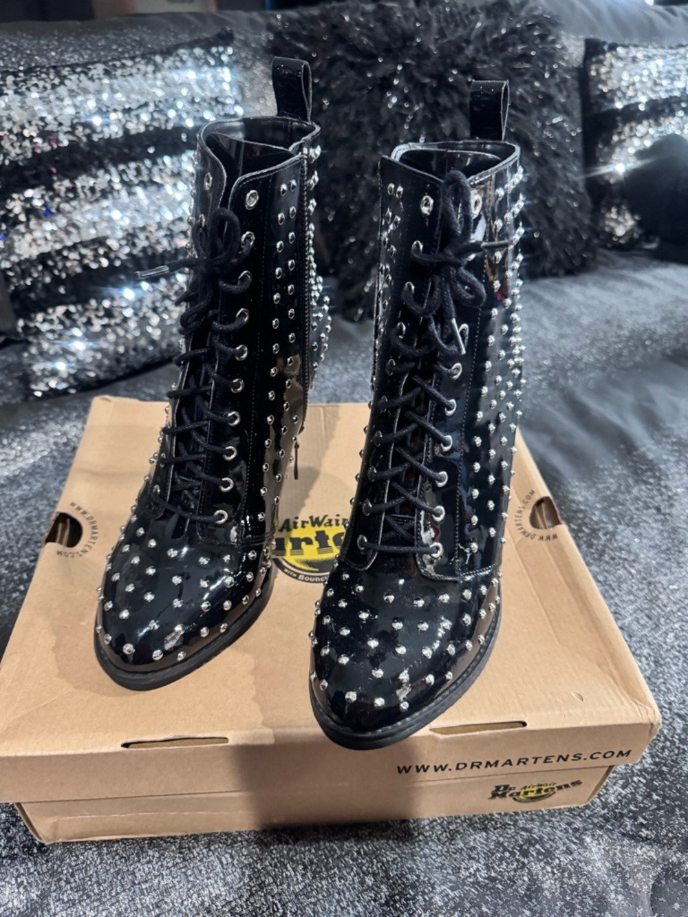 Dr. Martens Black Patent Studded Lace-Up Ankle Boots